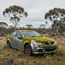 hyperealistic painting of an australian landscape, abandoned holden covered with moss. by Simon Stålenhag !