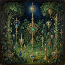 the alien garden at night. decorated with foliage, faberge, and filigree. pulp sci - fi art for omni magazine. cosmic. baroque period, oil on canvas. renaissance masterpiece
