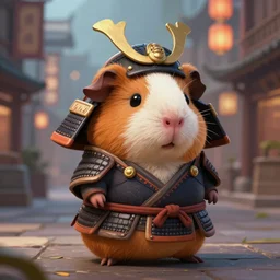 cute little anthropomorphic Guinea Pig Samurai in city, tiny, small,  short, Samurai outfit, cute and adorable, pretty, beautiful, DnD character art portrait, matte fantasy painting, DeviantArt Artstation, by Jason Felix by Steve Argyle by Tyler Jacobson by Peter Mohrbacher, cinematic lighting