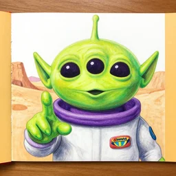 crayola drawing of an alien showing it's fingers, green skin, big dark eyes, space suit, desert backround, detailed drawing,