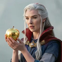 film still of eris discordia holding a reflective gold!!! metal apple, in dr. strange movie, goddess of chaos, fantasy character portrait, artifacts, luminous skies, highly detailed, michael cheval, peter mohrbacher, boris vallejo, jessica rossier, ultra realistic, wide angle, intricate details, mass effect