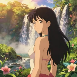 an epic makoto shinkai and renoir landscape with a hawaiian waterfall, golden hour, 🌺, a beautiful woman with long hair, ultra smooth, octane render, lois van baarle, ilya kuvshinov