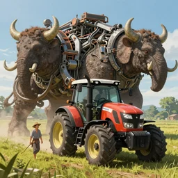 an intricate concept art, illustration, fantasy, asian farmer on the field, large mechanical tractor biomes, megafauna, ultra photorealistic, ultra sharp, artstation, cgsociety, masterpiece, digital art, anime colors, style by ivan talavera and wlop, hyperrealistic, octane render, 4 k