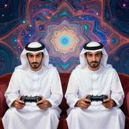 portrait, twins playing video games, sheik mohammad ruler of dubai, background in the fourth dimension, psychedellic fractals, ayahausca, hyperdetailed illustration by irakli nadar and alexandre ferra, intricate linework, unreal engine 5 highly rendered, global illumination, radiant light, detailed and intricate environment