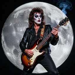 ace frehley full makeup playing smoking guitar on the moon unrealengine, 4 k, 8 k, hdr, extreme render, mind - bending reality, hyper detailed, wide angle ultra - vivid, photo - realistic nikon 3 5 mm, photograph