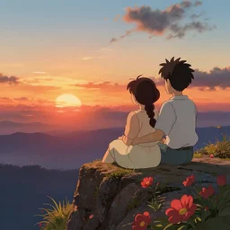 a couple sitting over the precipice, looking at sunset, studio ghibli, pixar and disney animation, sharp, rendered in unreal engine 5, anime key art by greg rutkowski, bloom, dramatic lighting