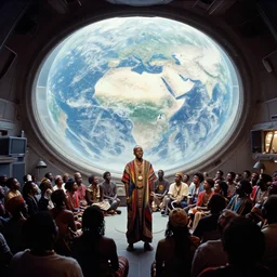 a analogue photo of a African tribal dj and crowd in a spaceship, big view of earth in window, wide angle, photography by Martha Cooper