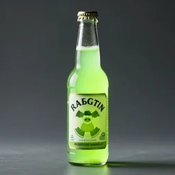 bottle of radioactive glowing green fruit juice, product photo, studio lighting