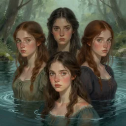 girls in a fantasy river by leesha hannigan, fantasy, artwork, digital art, detailed faces
