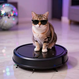 cat wearing sunglasses, cat sitting on top of roomba, reflective marble floor, disco party lights, ray - ban glasses