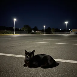 a realistic photograph of a black cat chilling in an empty parking lot with high street lamps, the night is full of stars, street photography, analogue camera, very detailed, dark colors