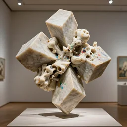 a perfect artistic photograph of a sculpture called the valley of repentance, an alabaster marvel of levitating fractal cuboids linked by human bones. spatters of rainbow impasto paint, and mounted in a venetian gallery. perfect focus and gallery lighting.