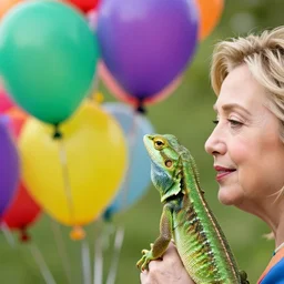 lizard faced Hillary Clinton looking at brightly colored balloons, photo, detailed, 4k