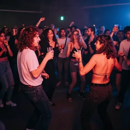 friends dancing at an alternative concert with drinks, crowd in the back, very abstract style