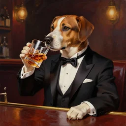 a beautiful illustration painting of a dog in a tuxedo drinking whiskey in a dimly lit bar by Jerome Opeña featured on artstation, studio lighting, photorealistic digital art