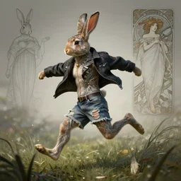 tattooed rabbit wearing a jacket and ripped shorts running and dancing in a field, character sheet, character design, contrast, deep focus, turnaround, highly detailed, dramatic lighting, digital painting, artstation, concept art, matte, sharp focus, illustration, elegant, art by artgerm and greg rutkowski and alphonse mucha.