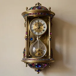 steampunk clepsydra, mechanical and pendulum clock on the wall,heavily decorated by gemstones,classic,photorealistic,8k