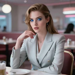 the most beautiful cybercore female diner, casual elegant suit, blue moe eyes, angelic detail, scene from a ridley scott movie