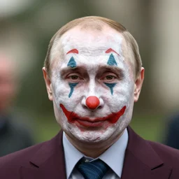 a portrait photograph of Vladimir Putin wearing Joker face paint, DSLR photography