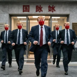 dramatic cinematic bank robbers running out of bank wearing trump masks by Roger Deakins