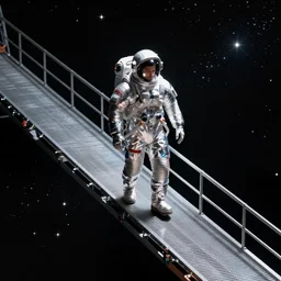 man in silver space suit, walking on an industrial catwalk suspended in the darkness of space, surrounded by stars, photograph, isometric view