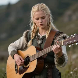 realistic viking girl, blond hair, with guitar