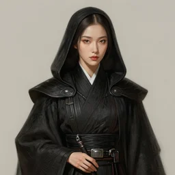 portrait of Korean female wearing Star Wars sith robes, expressive pose, intricate, elegant, highly detailed, digital painting, artstation, concept art, smooth, sharp focus, illustration, art by artgerm and greg rutkowski and alphonse mucha