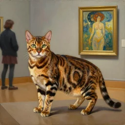 museum painting, medium - shot, bengal cat, oil painting, matte painting, masterpiece, alicia rius, artgerm, yerka, rutkowski, mucha, kinkade