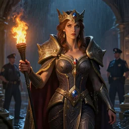 police, night life, torch, heavy rain, drama, deep focus, d & d, fantasy, intricate, elegant, highly detailed, digital painting, artstation, concept art, matte, sharp focus, illustration, hearthstone, art by artgerm and greg rutkowski and alphonse mucha