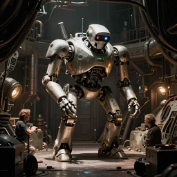film still from star wars, giant robot working in a dimly lit industrial junk engine room. interior set design photograph by ralph mcquarrie, gilbert taylor