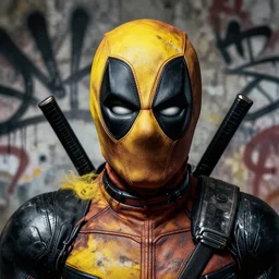 highly detailed closeup portrait of a cyborg carnage symbiote in deadpool suit with skeleton skull face, black hoodie by atey ghailan, by greg rutkowski, by greg tocchini, by james gilleard, by joe fenton, by kaethe butcher, gradient, yellow, black, brown and white color scheme, grunge aesthetic!!! black graffiti tag wall background