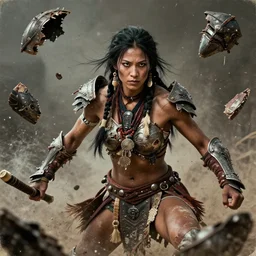 fighting in air shaman tribeswoman,  destroyed armor parts fly away, inspired by monster hunter, low shot, muscular body, symmetrical face, clean face, subtle make up, destruction around her, frozen time,dramatic lighting, cinematic, establishing shot, extremely high detail, photorealistic, 300 the movie,monster hunter the movie, dune the movie, cinematic lighting, artstation, octane render, western,old photo, vintage