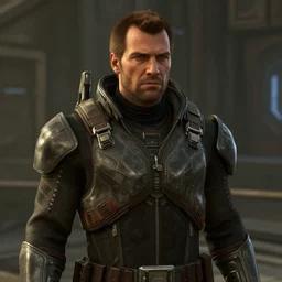 hank hill as commander shepard within the ssv normandy in the videogame mass effect 2. mid - conversation portrait. cutscene. hd.