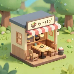 outside view of miniature classy ramen shop with table and chairs, situated in a enchanted forest, studio ghibli style, hayao miyazaki drawings, clean, low poly art, detailed, isometric view, artstation, behance, global illumination, 3 d illustration, kawaii, pastel colors