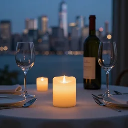 artistic sparse simple luxurious glowing candle - lit dinner with wine bottle overlooking the blurred out new york city skyline