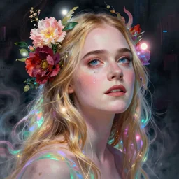 dakota fanning, portrait, colorful and vibrant, majestic, open wide eyes, tear drops, flowers on hair, glowing light orbs, intricate concept art, elegant, digital painting, smooth, sharp focus, ethereal opalescent mist, outrun, vaporware, cyberpunk darksynth, ethereal, ominous, misty, by ruan jia and miho hirano, 8 k, rendered in octane