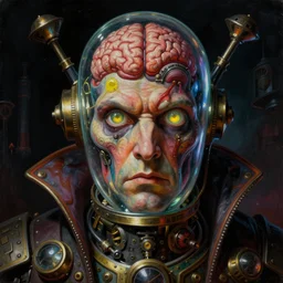 neoclassicist close - up sci - fi portrait of a colorful steampunk overlord boss with big glowing eyes gazing intensely and a brain in a vat. dark black ominous background, glowing atmosphere. highly detailed science fiction horror painting by norman rockwell, frank frazetta, and syd mead. rich colors, high contrast, gloomy atmosphere. trending on artstation and behance.