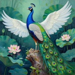 peacock bard by the lotus pool. this heavily stylized oil painting by the award - winning comic artist has interesting color contrasts, plenty of details and impeccable lighting.