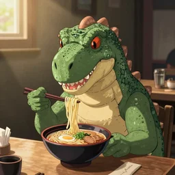 anime dinosaur eating ramen, studio ghibli, anime