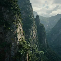 a side of a very tall mountains covered in foliage , James Cameron avatar style, cinematic, atmospheric, featured on artstation, ultra detailed
