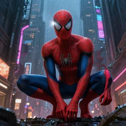 spiderman in a brutalism looking city, dim neon lights, lens flare, scale, night life, heavy rain, deep focus, d & d, fantasy, intricate, elegant, highly detailed, digital painting, artstation, concept art, matte, sharp focus, illustration, hearthstone, art by artgerm and greg rutkowski and alphonse