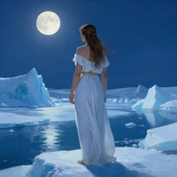a greek goddess standing with her back on the iceberg under the moonlight by dan mumford, digital painting, artstation, concept art, smooth, sharp focus, illustration