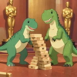 Two dinosaurs playing Jenga at the Oscars ceremony, by studio ghibli, 8k artstation