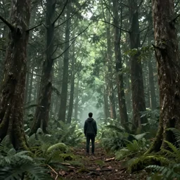 a man standing in the middle of a forest, a detailed stunning matte painting, cgsociety, fantasy art, cryengine, matte painting, reimagined by industrial light and magic