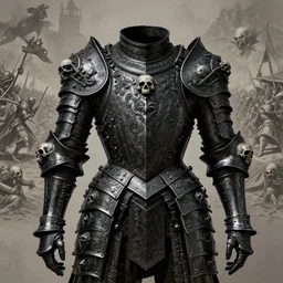 intricate ornamental black armor, baroque, ultra detailed with many skulls, and a highly detailed battle scene