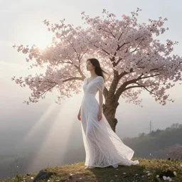 a sakura tree shaped like a woman, beautiful, nature, minimalism, clean, intricate details, standing on a hilltop, sunrays emiting light, fog in the background, william waterhouse