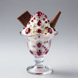 an ice cream sundae made out of rubies and diamonds and chocolate, elegant and ornate,