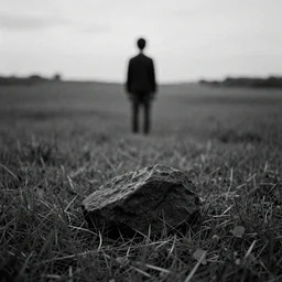 black stone on the filed, lonely boy, monochrome, analogue photo quality, blur, unfocus, cinematic, 35mm, noise