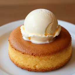 dslr food photograph of warm. utter cake topped with a scoop vanilla bean ice cream, 8 5 mm f 1. 8
