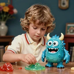 kid playing with slime monster, realistic, toy commercial photo, photo from the 80s